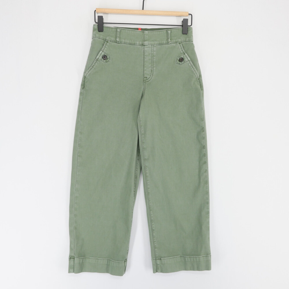 Spanx Stretch Twill Pants Womens S  Petite Green Cropped Wide Leg High Rise